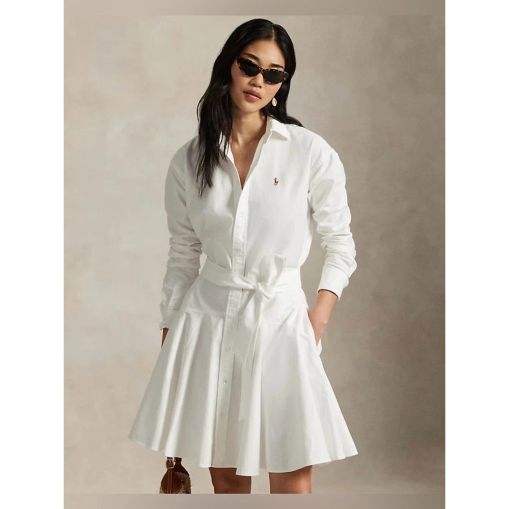 Polo Ralph Lauren Cotton Oxford Shirtdress Belted White Size 8 Old Money Preppy - Picture 13 of 13